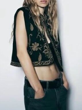 Zara Black Cropped Vest with Gold Embroidered Motifs